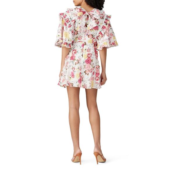 La Maison Talulah Tea Time Floral White Short Sleeve V-Neck Linen Mini Dress S - Picture 2 of 7